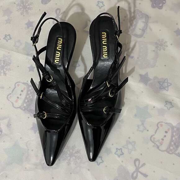 Miu Miu Black Pointed-Toe Buckled Pumps - Picture 2 of 5